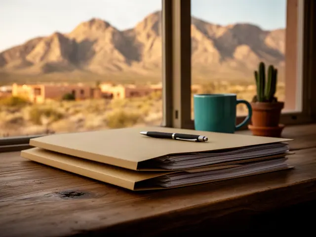 A neat stack of closed manila folders and a pen on a desk by a window.