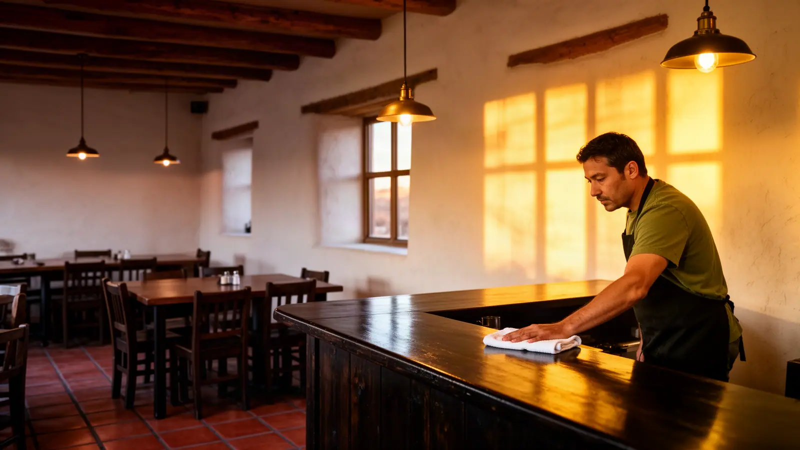 A restaurant owner wiping down a long wooden counter in an adobe-walled dining room in golden evening light.
