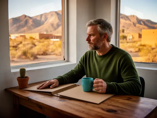 A man with short sandy-gray hair at a desk with a folder and a mug in a small back office.