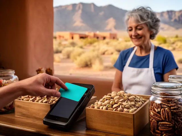 A customer taps a card on a counter terminal at a small pistachio-and-candy shop.