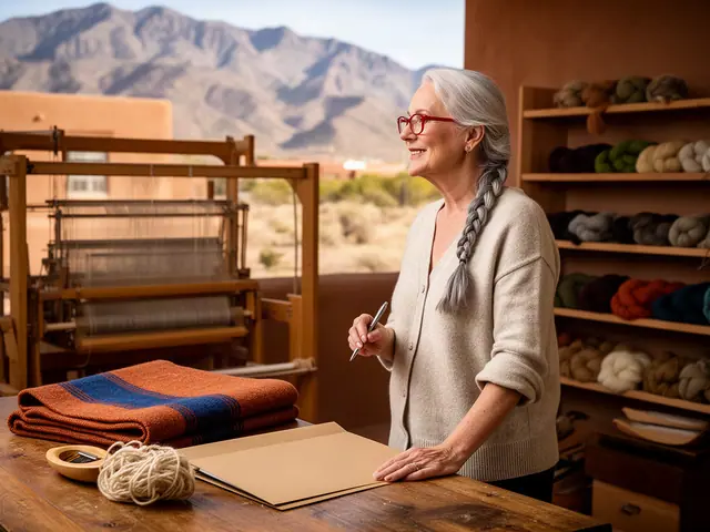 A woman with a silver braid and red-framed glasses at a work table with a closed folder in a small weaving studio.